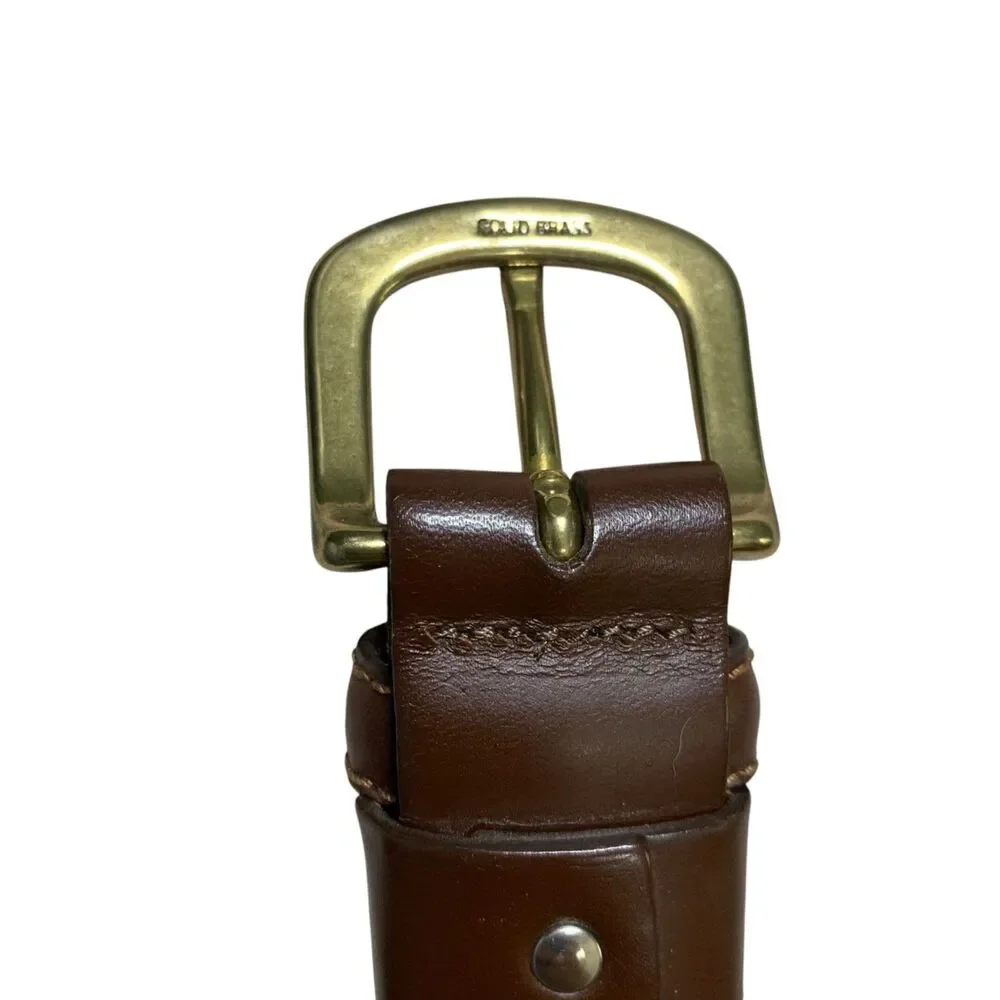 LL Bean Mens Brown Leather Belt 38 Made in USA Brass Belt Buckle Preppy Casual